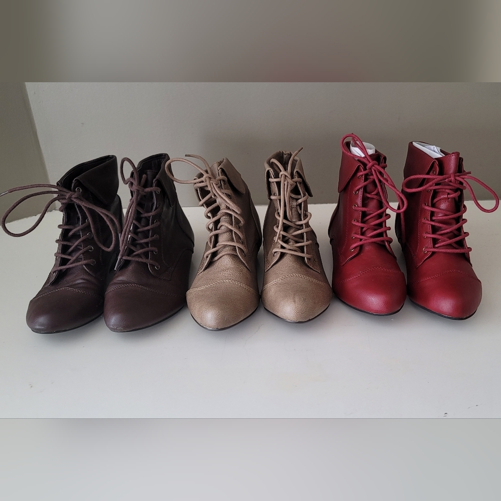 Lot Breckelles Stylish Lady's Lace-Up Ankle Booties - Brown, Tan, & Red Size 7.5